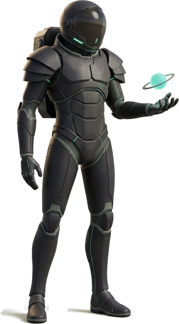 A guardian in an armoured space suit holding a small glowing ringed sphere